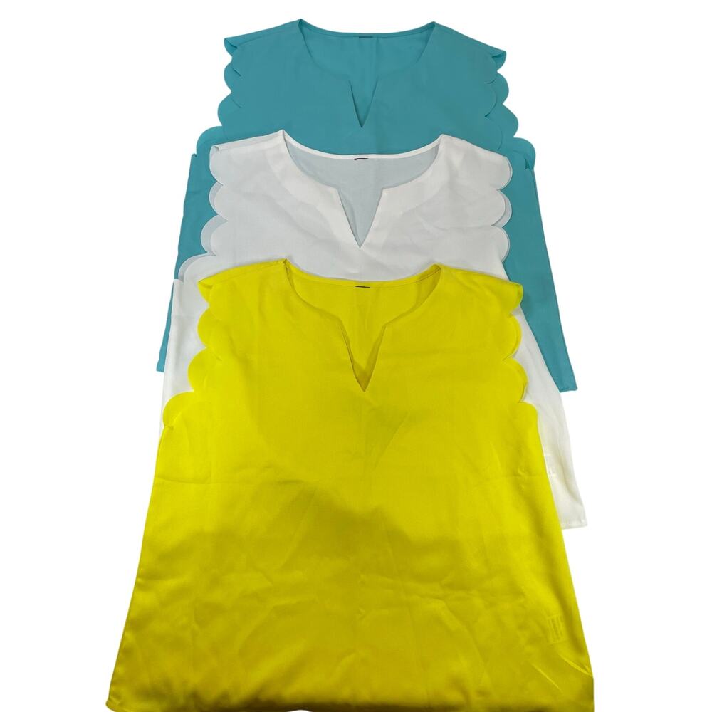 Scallop Trim Sleeveless V-Neck Blouse Top Set of 3 Blue White Yellow L